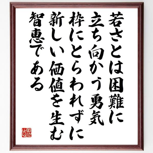 名言「若さとは困難に立ち向かう勇気、枠にとらわれずに新しい価値を生む智恵である」直筆書道色紙額／受注後直筆