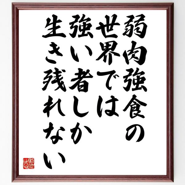 名言「弱肉強食の世界では、強い者しか生き残れない」直筆書道色紙額／受注後直筆