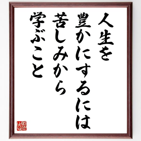 名言「人生を豊かにするには、苦しみから学ぶこと」直筆書道色紙額／受注後直筆