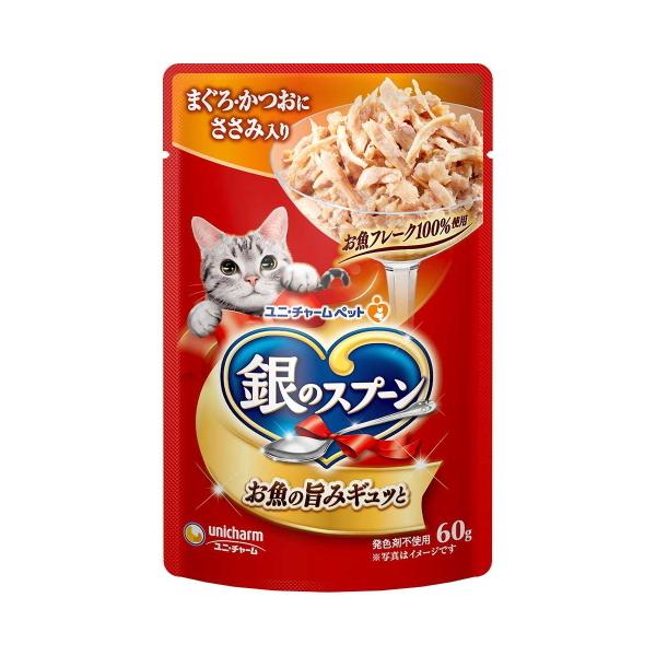 ボール売り【ユニチャーム】銀のスプーンパウチ　まぐろ・かつおにささみ入り　６０ｇｘ１６個（ボール販売）