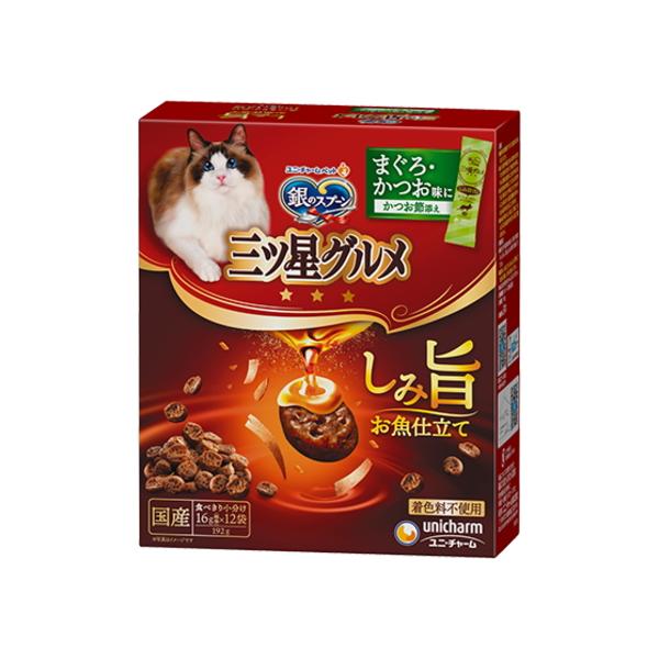 【ユニチャーム】銀のスプーン三ツ星グルメ　しみ旨お魚仕立て　まぐろ・かつお味にかつお節添え　１９２ｇｘ１４個（ケース販売）