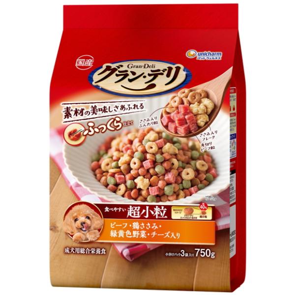 他サイト： 【ユニチャーム】グランデリ　ふっくら仕立て　食べやすい超小粒　ビーフ・鶏ささみ・緑黄色野菜・チーズ入り　７５０ｇｘ９個（ケース販売）の商品画像