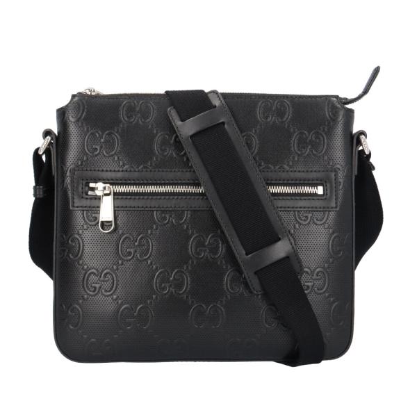 【美品】希少 グッチ ブラック シルバーストラップ レザーメッセンジャーバッグ GUCCI（グッチ） メッセンジャーバッグ GGエンボス ショルダーバッグ