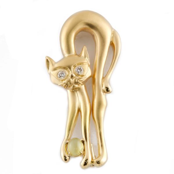 入園入学祝い ブローチ K18 キャッツアイ0.76CT キャット ダイヤ0.10CT キャッツアイ、猫目石