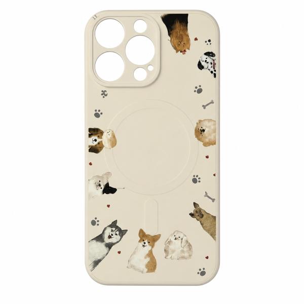 iPhone 13 Pro ケース アイボリー 犬柄 MagSafe対応 磁気リング付き 液体シリコン風 スマホケース