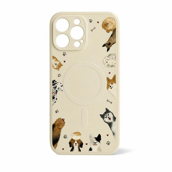 iPhone 13 Pro Max ケース アイボリー 犬柄 MagSafe対応 磁気リング付き 液体シリコン風 スマホケース
