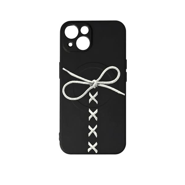 iPhone 13 ケース ブラック 靴ひもデザイン MagSafe対応 磁気リング付き 液体シリコン風 スマホケース