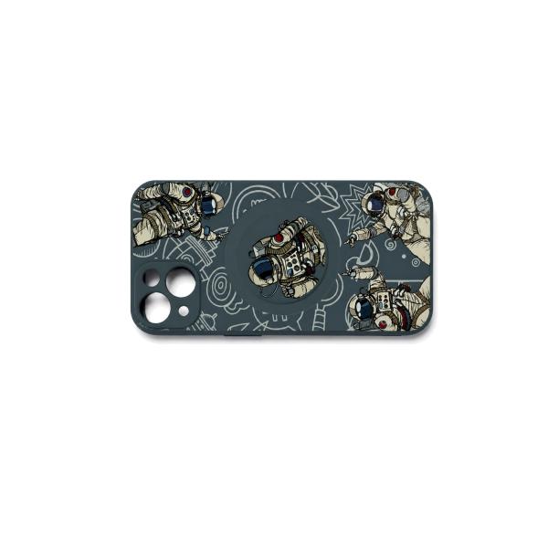 iPhone 13 ケース ダークグリーン 宇宙飛行士 スペース柄 磁気リング風 スマホケース