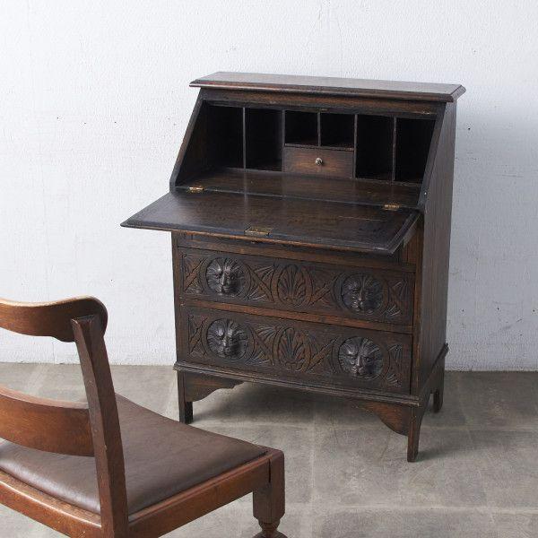 IZ64425E☆英国 アンティーク ライティングビューロー イギリス 木彫刻