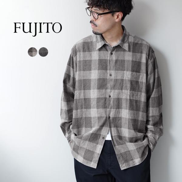 フジトfujito ブロックチェック　シャツ　ブルー　ホワイト　サイズ1 FUJITO（フジト） コットン ヤク ブロックチェック ビッグサイズシャツ