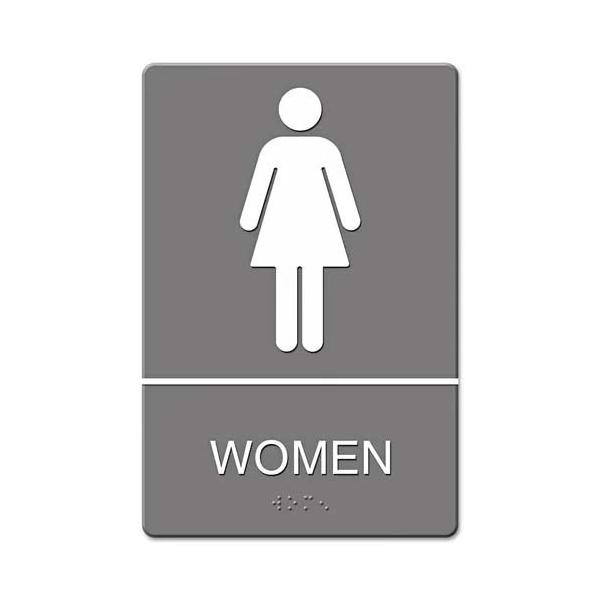 アメリカのショップやオフィス、工場、公共施設などで実際に利用されているプレートサイン。WOMEN RESTROOM（女性用トイレ）サイン。認識性に優れたホワイトサイン（アメリカADA準拠）サイズ：W15ｘD0.6xH23cm素材：プラスチッ...