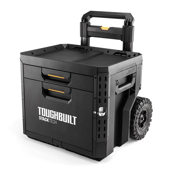 TOUGHBUILT StackTechタイヤ付きドロワー（引き出し）収納BOX。ドロワーロックをサイドレールに採用。すべての引き出しがサイドレール部でロック。市販の南京錠を使用して盗難防止ロック可能。ウィール付きモデル最下段のドロワー部分...