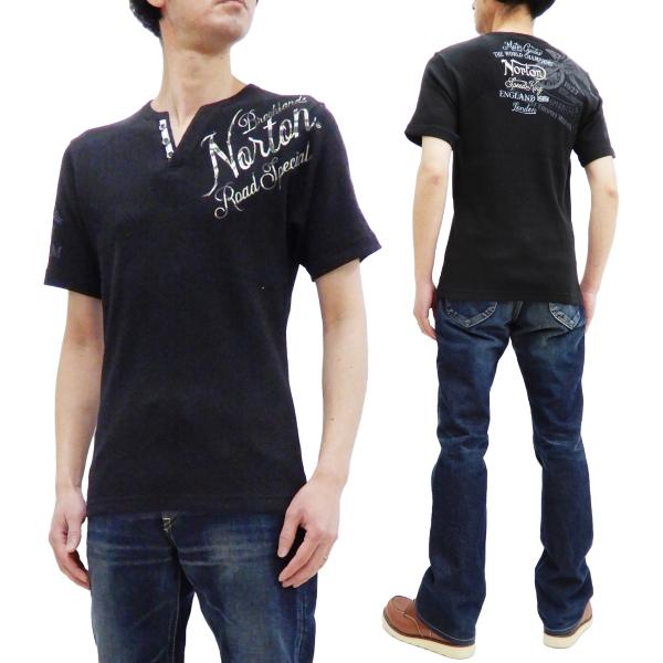 ノートンモーターサイクル 半袖Tシャツ Norton ユニオン刺繍 サーマル Yネックヘンリー Tシャツ 212N1018 黒 新品