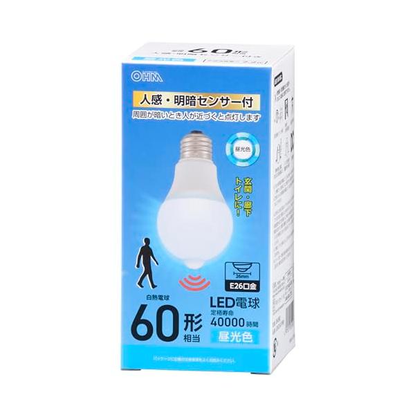 オーム(OHM) LED電球 E26 60形相当 人感・明暗センサー付き 昼光色 890ルーメン 7.2W LDA7D-G PIR6 06-5590 オーム電機