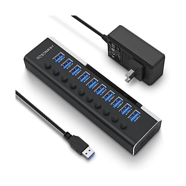他サイト： USB3.0ハブ 電源付き ROSONWAY 10ポート USBハブ アルミ製で アップ 5Gbps高速転送 セルフパワー USB拡張 独立スイッチ付 12V/3A ACアダプタ付き(RSHの商品画像