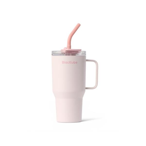 Blackube 真空断熱タンブラー, 600ml, セラミックコーティング, ステンレス製, ストロー付き,ハンドル付き, 保温保冷対応,シナモンピンク