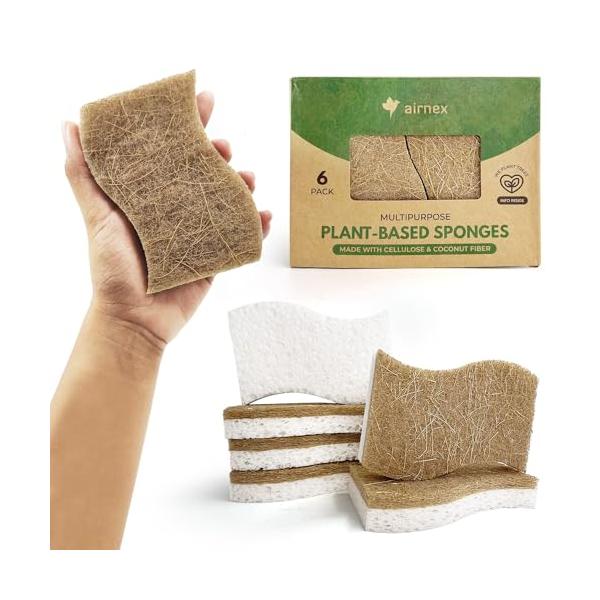 他サイト： AIRNEX Natural Kitchen Sponges Pack of 6 パック ナチュラル キッチンスポンジ - 生分解性 セルロース スポンジ と ココナッツ スクラバー 食器用の商品画像