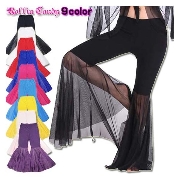 パンツは膝下からフレアになっており、脚長効果バツグン!スタイルを良く見せてくれるシルエットを演出!超・超・超！伸縮性のあるツルッとした生地で、通常レディースMサイズ-XLサイズ以上の方まで、また、裾のシースルー生地は切りっぱなしのデザインで...