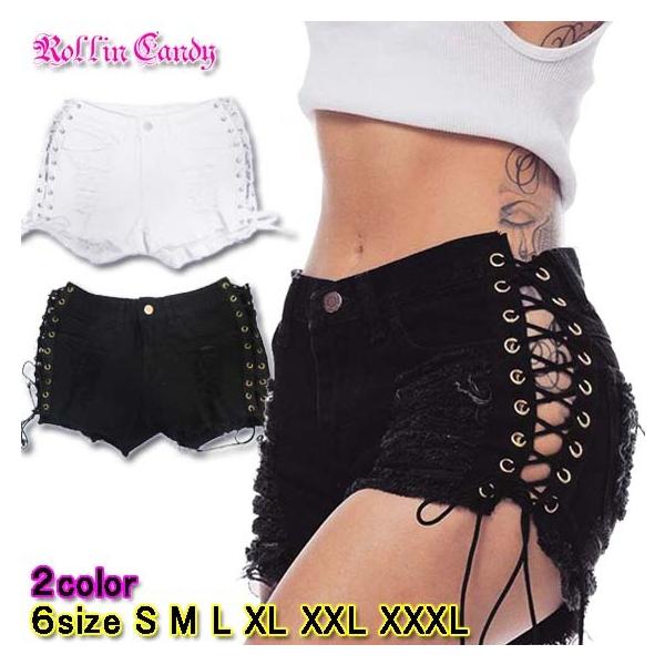 サイド編み上げ レースアップ ダメージデニム ショートパンツ ショー