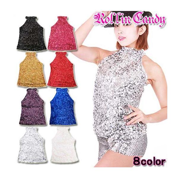 ダンス衣装・ステージ衣装に! スパンコールハイネックノースリーブトップス ヒップホップ ジャズダンス 社交ダンス 発表会 大きいサイズ  レディース