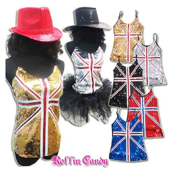 ダンス衣装・ステージ衣装に!ユニオンジャックスパンコールキャミソール イギリス国旗 キラキラ トップス ダンス 衣装 ヒップホップ ジャズダンス キッズダンス