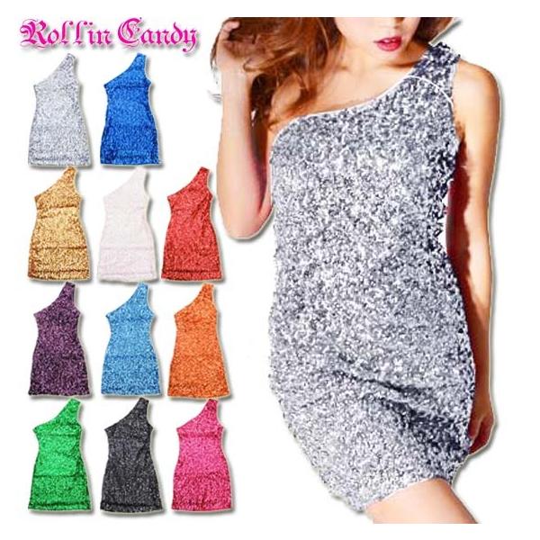 ダンス衣装・ステージ衣装に! スパンコール ワンショルダー ワンピース