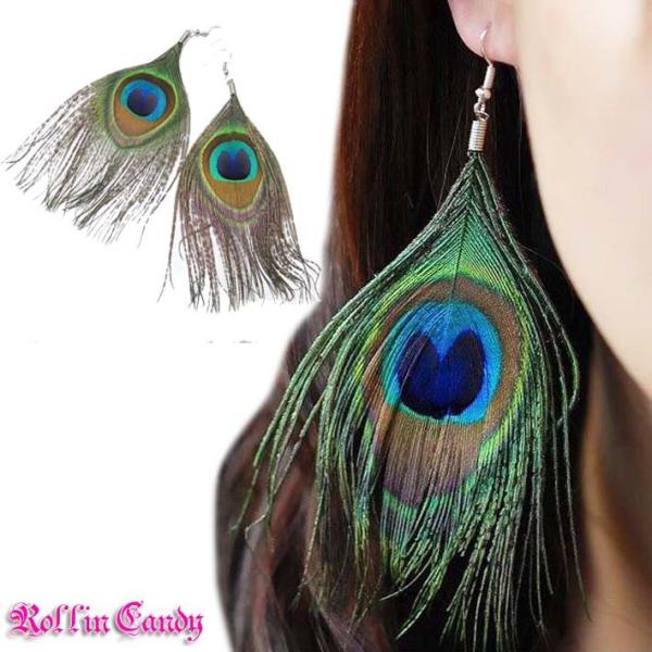 孔雀の羽 ピアス フックピアス くじゃく クジャク 羽根 ピーコック