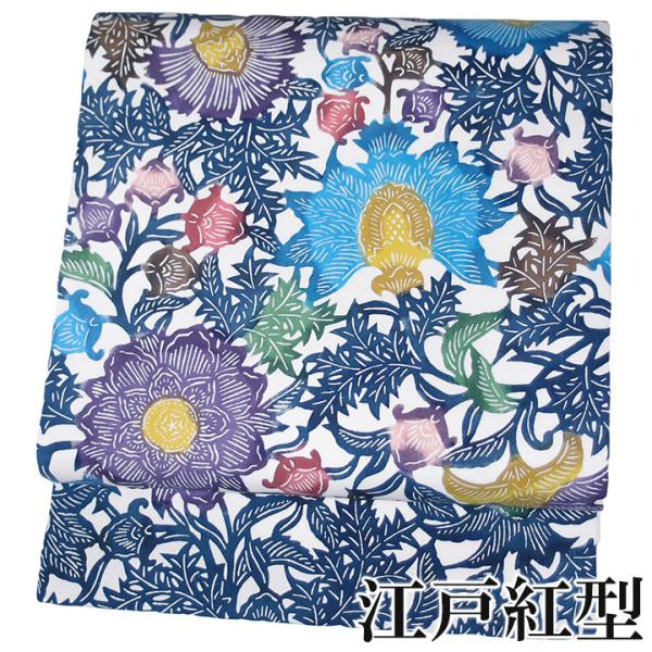 最終値下！未使用★京紅型　染帯　名古屋帯　全通　塩瀬　紫　野菜　果物　正絹　長尺 roman-kimono_c647