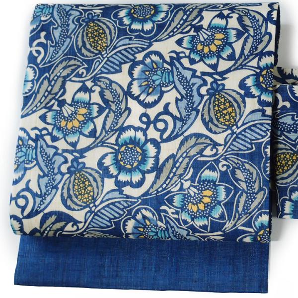 本麻　栗山吉三郎　名古屋帯　夏用 夏帯 名古屋帯 本大麻帯 和染紅型 栗山吉三郎 本麻 昼夜 斜め 更紗 藍