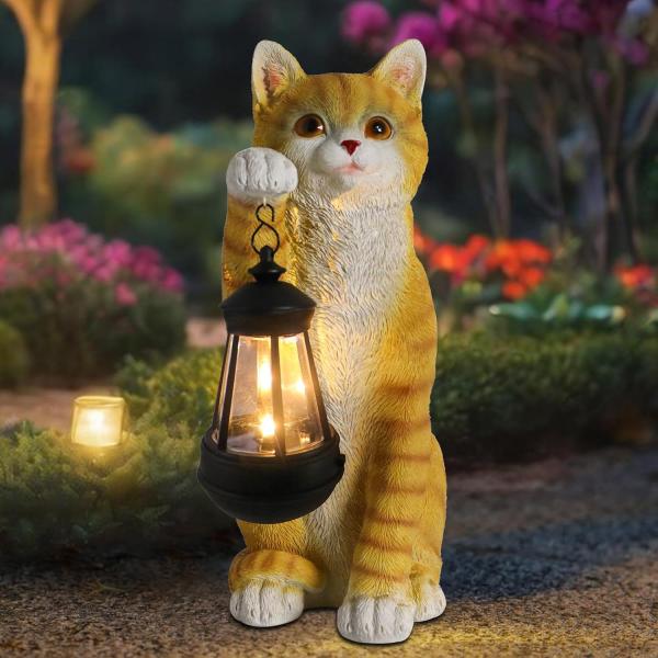ソーラー猫ガーデン彫像 屋外猫像、パティオ、庭や芝生最適なソーラーランタンライト付きオレンジ猫フィギュア彫像 彫刻(輸入品）