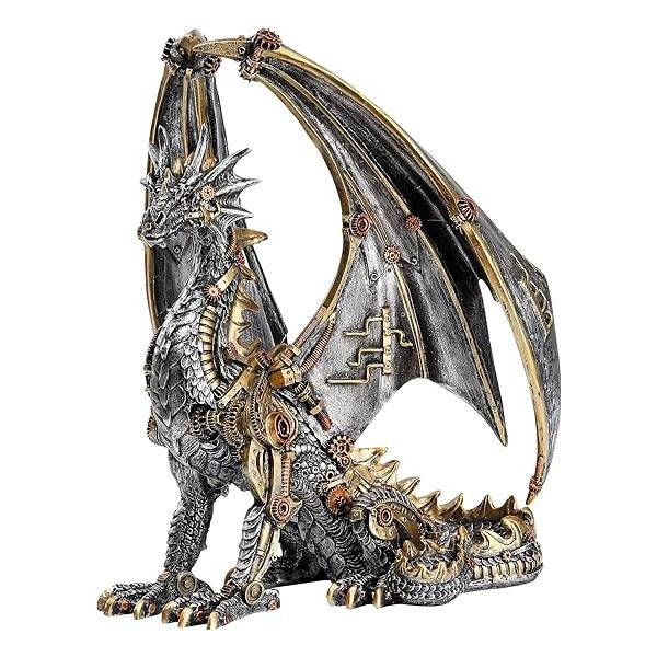 金属製ドラゴン彫刻 約30cm スチームパンク風座るドラゴン彫像メタリック風樹脂彫刻装飾高さ