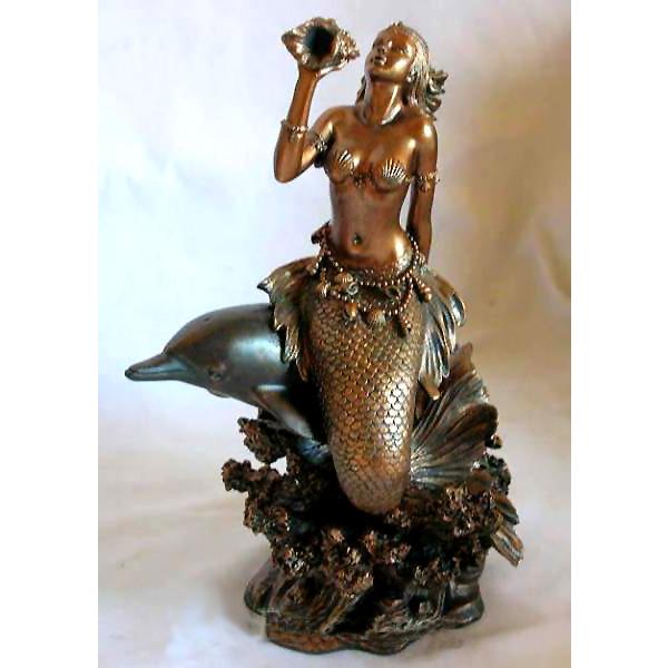 人魚とイルカの置物 インテリア アンティーク オブジェ 彫刻 ホラ貝を持ってイルカに乗る人魚マーメイド彫像-装飾彫刻