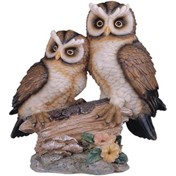 木の丸太にとまる、黄褐色と茶色の2羽のフクロウ彫像置物 高さ 約16.5cm フィギュア 贈り物 輸入品