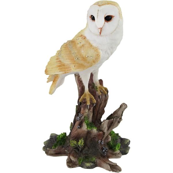 木の切り株に、注意深く止まるメンフクロウ置物彫像 自然動物フィギュア ホームデコ カフェ 贈り物 輸入品