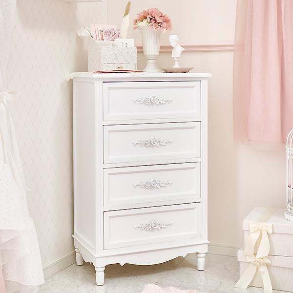 ホワイト木製チェスト 4段 姫系家具 チェスト ロマンティックプリンセス チェスト 白 収納 4段 | チェスト小/RoseRelief(ローズレリーフ