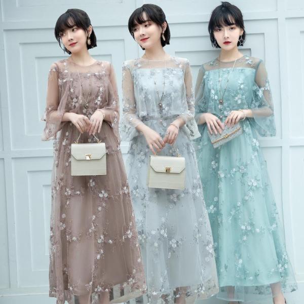 結婚式 パーティードレス 大きいサイズ ワンピース マタニティ お呼ばれ レース フリル ドレス マキシ きれいめ 楽チン 女子会 食事会 デート