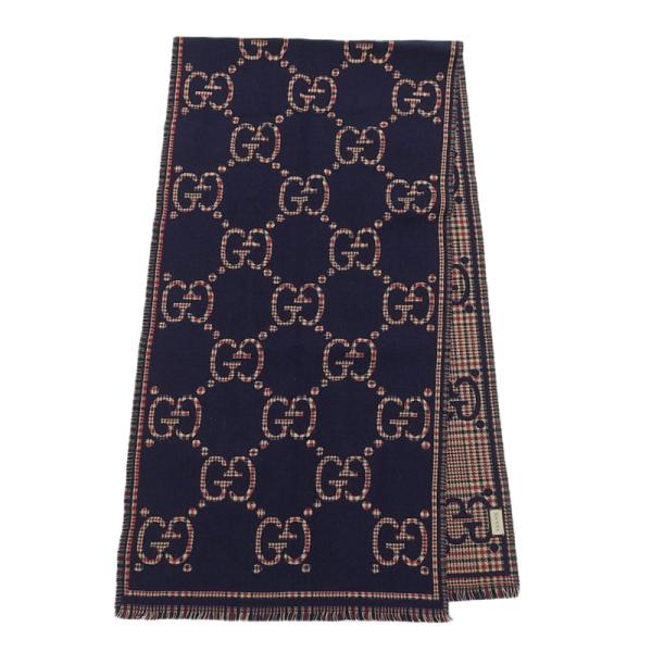 【美品】GUCCIグッチ ウール/カシミヤ　チェック　マフラー　❤︎ GG グッチ GUCCI GGウール マフラー ネイビー/レッド チェック 660025