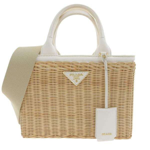 プラダ PRADA ウィッカーカゴバッグ 2WAY ショルダー ハンドバッグ ミドリーノ/キャンバス ホワイト/ベージュ 1BG835 中古 新入荷 OB2641 PRADA（プラダ） ウィッカーカゴバッグ 2WAY ショルダー ハンドバッグ