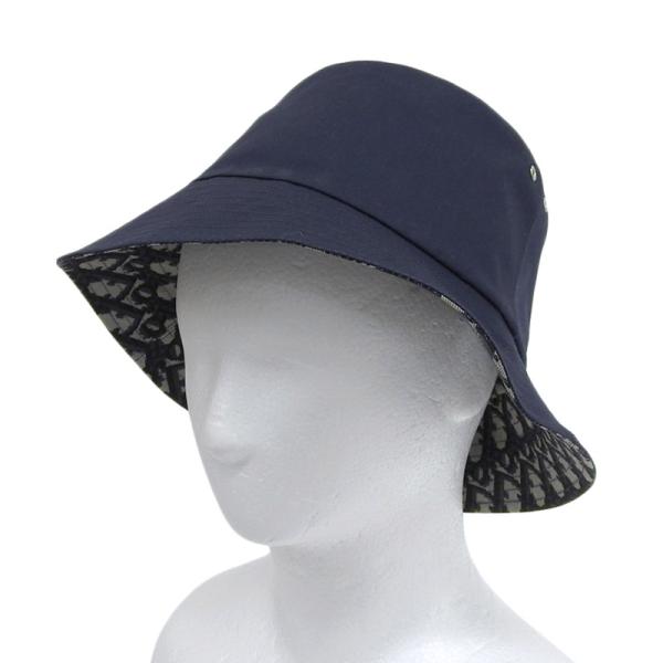 ネイビー ハット　DIOR ディオール Dior Oblique Bucket Hat Navy Blue and Beige Blended Cotton