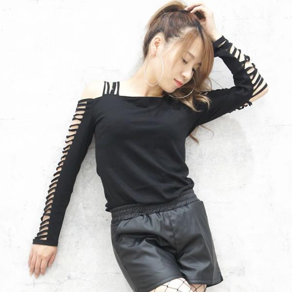 Qoo10 カットソー レディース ブラックコーデ 袖開き クラッシュ 長袖 ロンt Tシャツ 無地 黒 ブラック ネコポス可