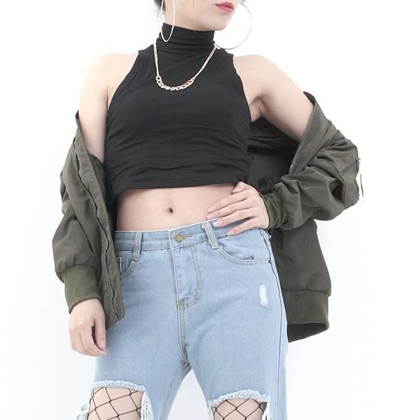 タートルネック ノースリーブ タンクトップ ショート丈 トップス