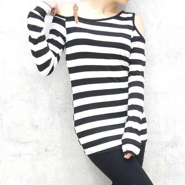 セール オフショルダー ボーダー カットソー レディース 肩ストラップ 長袖 黒 白 ネコポス可 B136 黒い服専門店ロンデルブラック 通販 Yahoo ショッピング