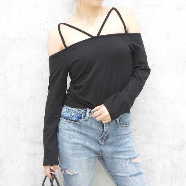 セクシー 肌見せ オフショルダー カットソー 長袖 黒 ブラック 無地 トップス ネコポス可 B136 黒い服専門店ロンデルブラック 通販 Yahoo ショッピング