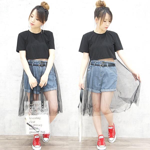 チュールドッキングtシャツ レディース 黒 半袖 裾チュール Tシャツ 透け コーデ おしゃれ ネコポス可 B136 009 黒い服専門店ロンデルブラック 通販 Yahoo ショッピング