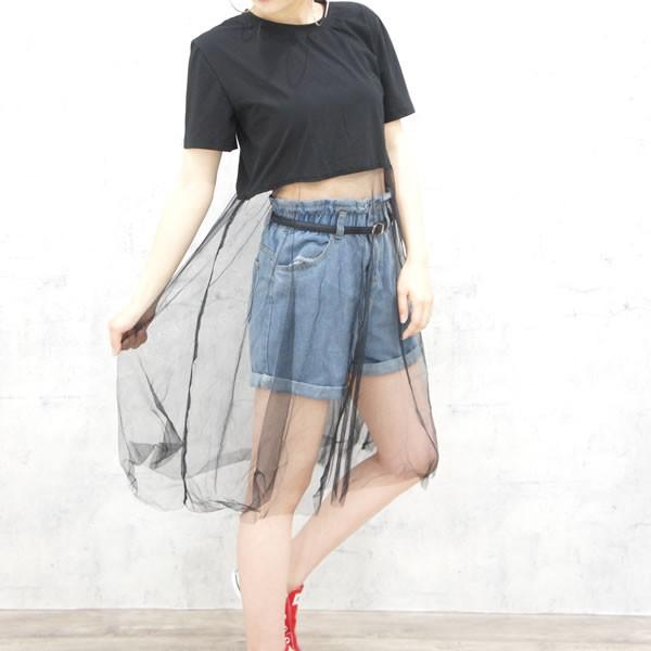 チュールドッキングtシャツ レディース 黒 半袖 裾チュール Tシャツ 透け コーデ おしゃれ ネコポス可 B136 009 黒い服専門店ロンデルブラック 通販 Yahoo ショッピング