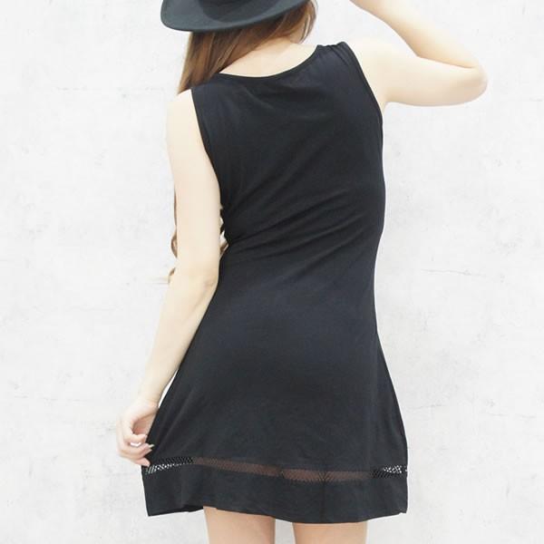 セール ワンピース ノースリーブ 裾メッシュ フレアワンピース 黒 ネコポス可 B142 黒い服専門店ロンデルブラック 通販 Yahoo ショッピング