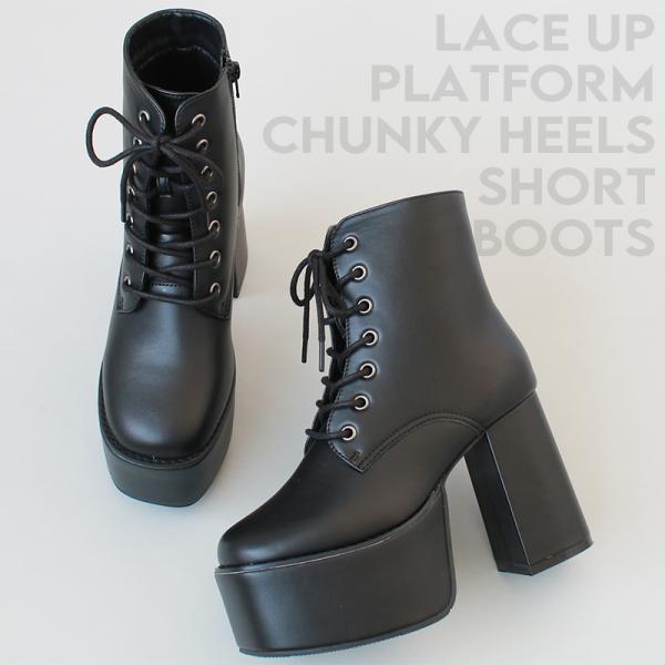 爆買】レースアップ スクエアトゥ 厚底 チャンキーヒール サイドジップ