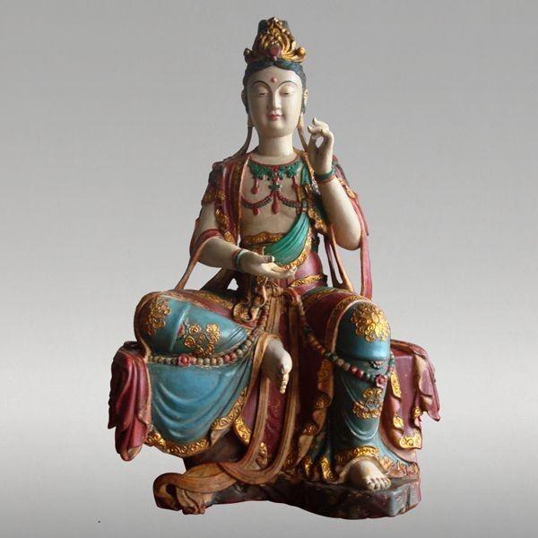 中国古美術/彩色蓮上観音菩薩座像/保存箱付/ 中国古美術/彩色蓮上観音