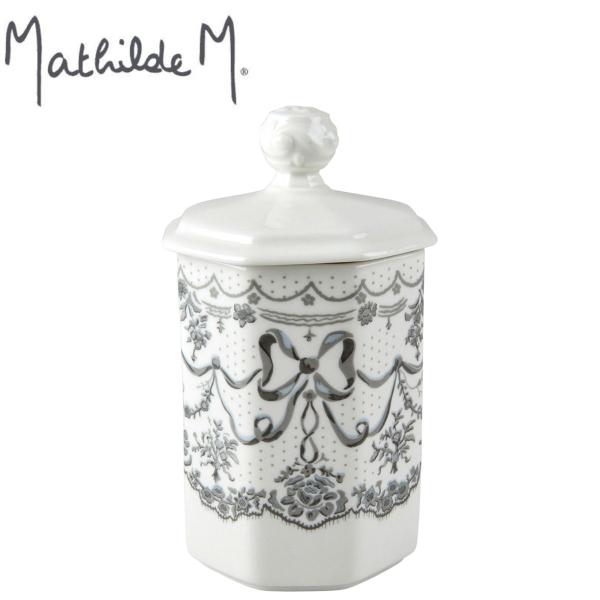 マチルドエム コットンケース 手書き風 リボン フラワー【Mathilde M】【サイズ】直径約9×高さ18cm 　※多少の誤差がある場合がございます。ご了承ください。【デザイン】フランスグレーを基調にハンドペイントのようなリボンとフラワー...