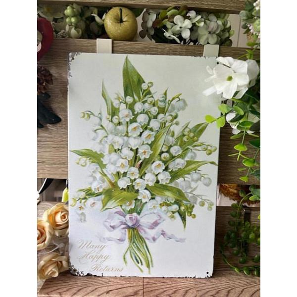 ブリキ看板 20×30cm スズランの花 花束/上鉢 付属品あり アートパネル